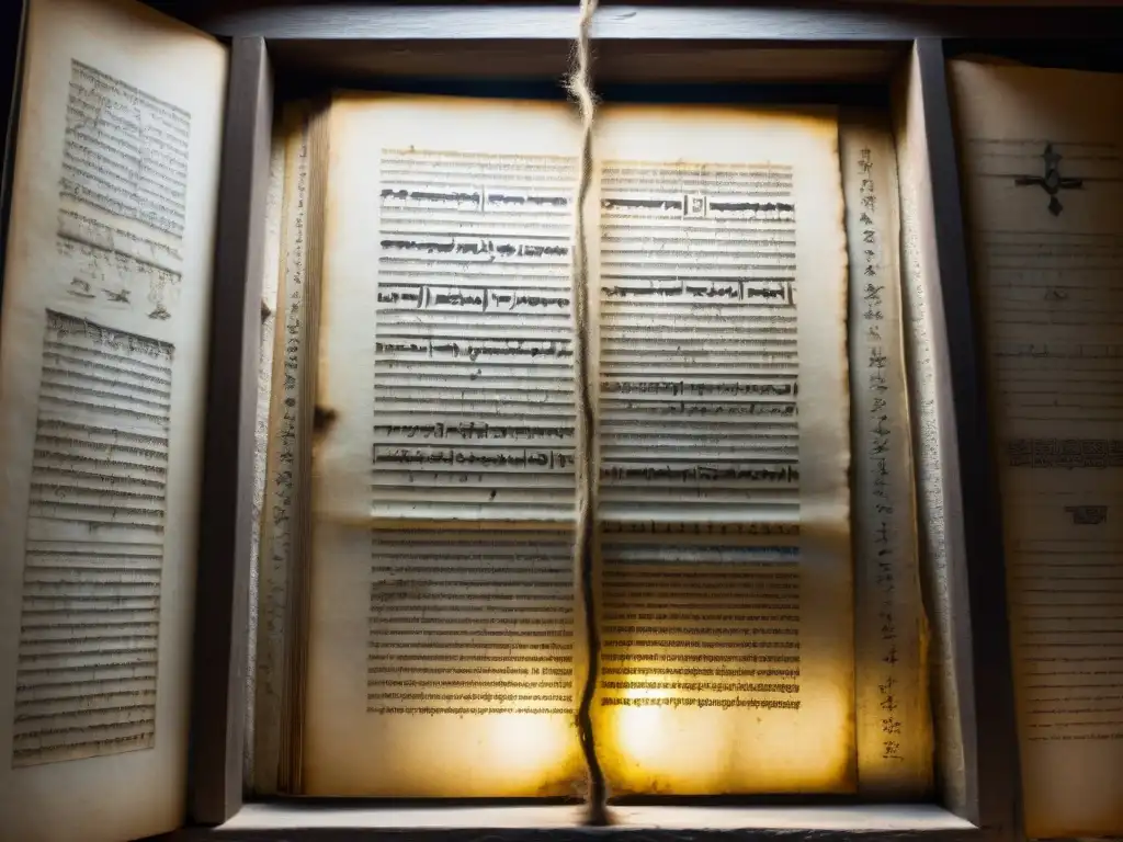 Un antiguo manuscrito con caligrafía hebrea iluminado por un rayo de luz en una habitación oscura