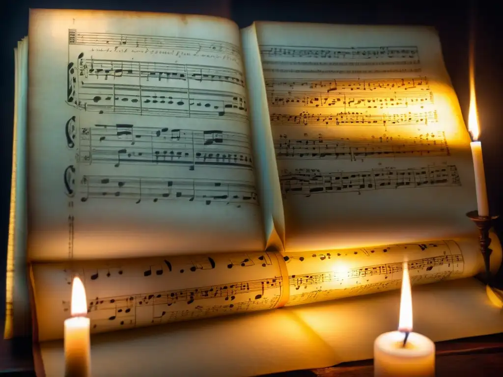 Un antiguo manuscrito con códigos musicales Illuminati, en una habitación iluminada por velas, revela profundidad histórica