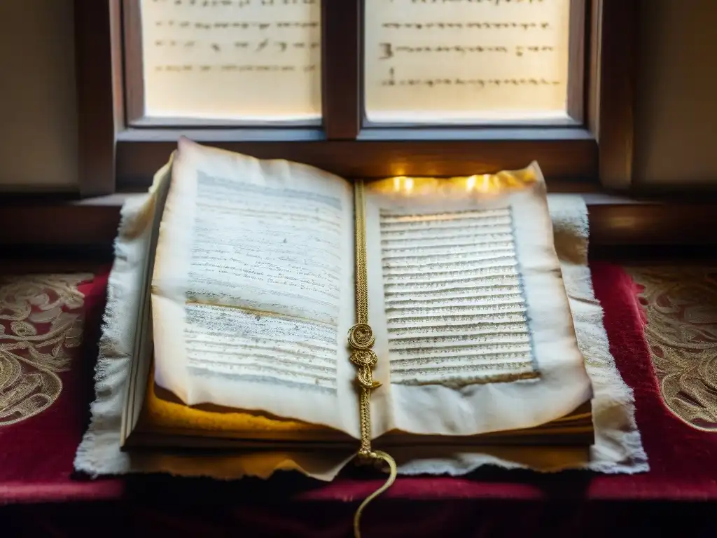 Un antiguo manuscrito reposa en un cojín de terciopelo, iluminado por un rayo de luz en una habitación oscura