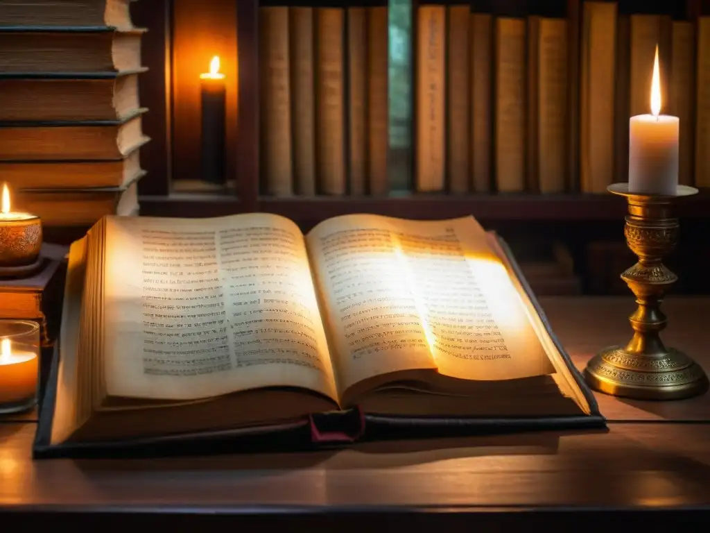 Un antiguo manuscrito detalladamente decorado con escritura sánscrita y tibetana, iluminado por la tenue luz de una vela en una biblioteca antigua