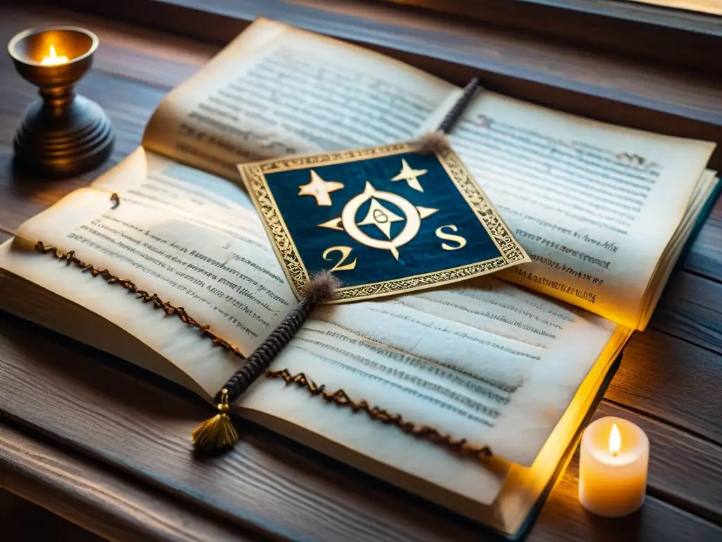 Manuscrito Rosacruz antiguo: sabiduría mística y arte esotérico Un antiguo manuscrito rosacruz detalladamente decorado en una mesa de madera, iluminado por una luz suave