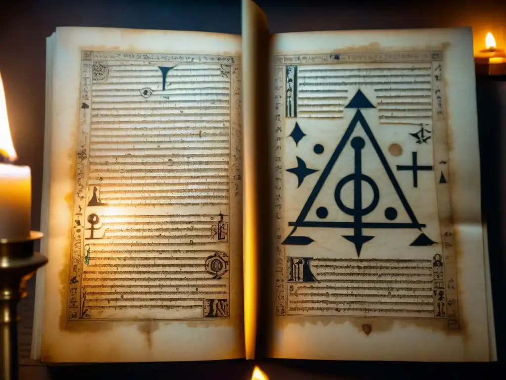 Antiguo manuscrito desgastado con símbolos y diagramas iluminado por velas en una habitación tenue, evocando misterio y sabiduría ancestral