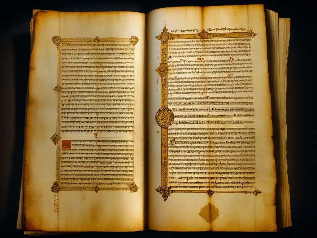 Antiguo manuscrito desgastado con símbolos y secretos, iluminado en habitación tenue