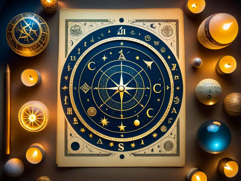 Un antiguo manuscrito detallado de constelaciones celestiales y signos zodiacales, iluminado por velas en una habitación tenue