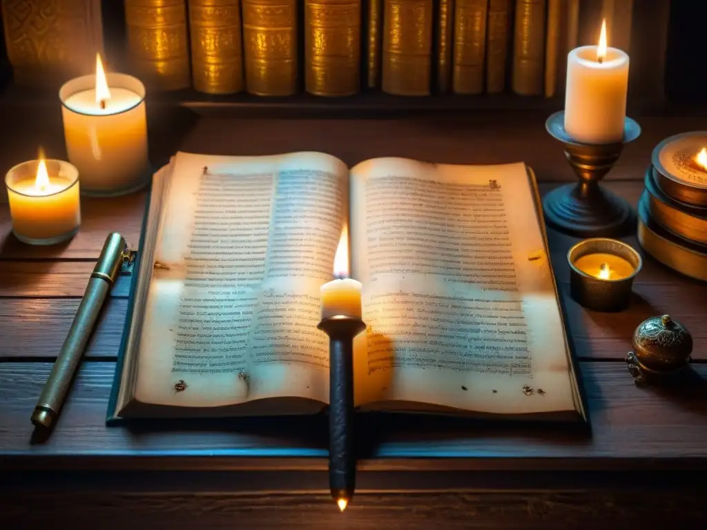 Un antiguo manuscrito detallado en una mesa de madera, iluminado por una vela en una habitación misteriosa