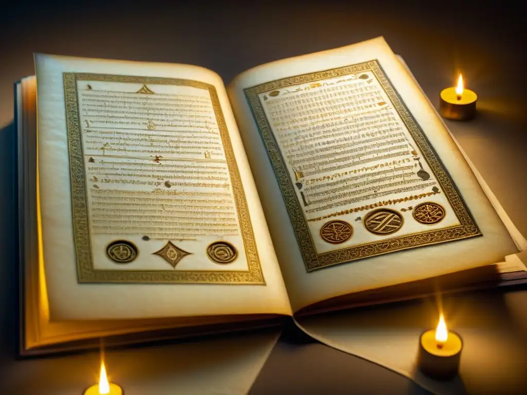 Antiguo manuscrito detallado con símbolos misteriosos y patrones intrincados, iluminado por tenues velas doradas