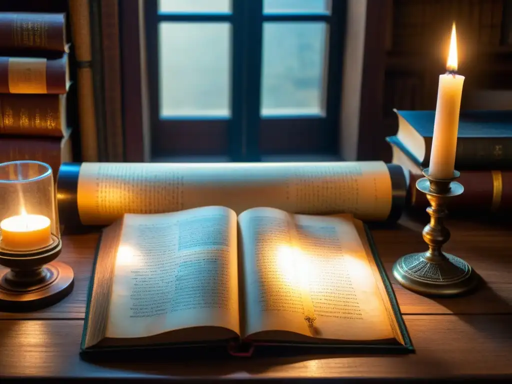 Manuscrito cifrado antiguo: símbolos misteriosos y criptografía enigmática Un antiguo manuscrito encriptado rodeado de libros y una lupa en una habitación sombría iluminada por una vela
