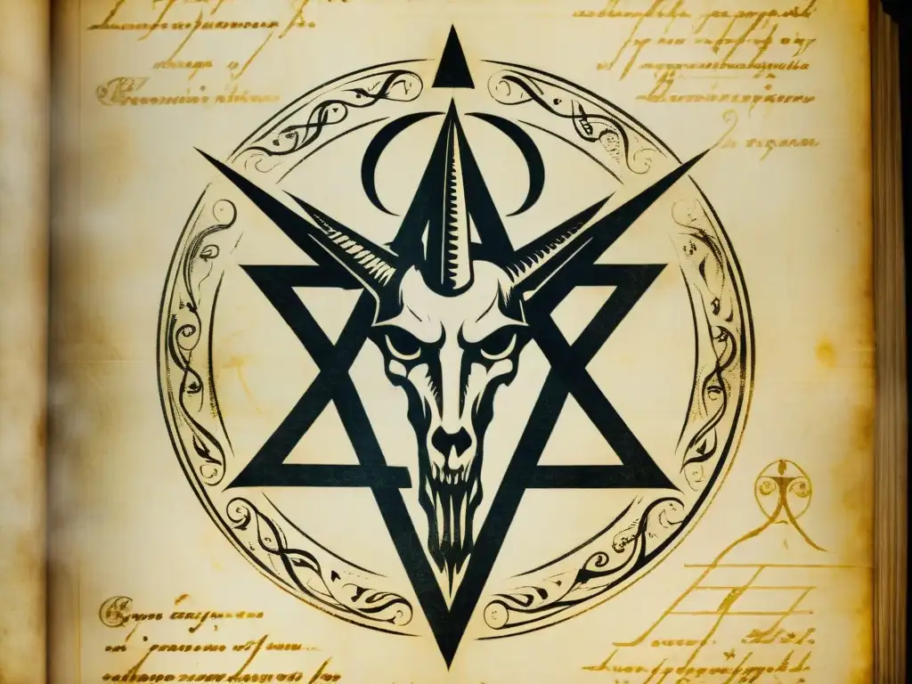 Antiguo manuscrito con figura enigmática de Baphomet y símbolos esotéricos