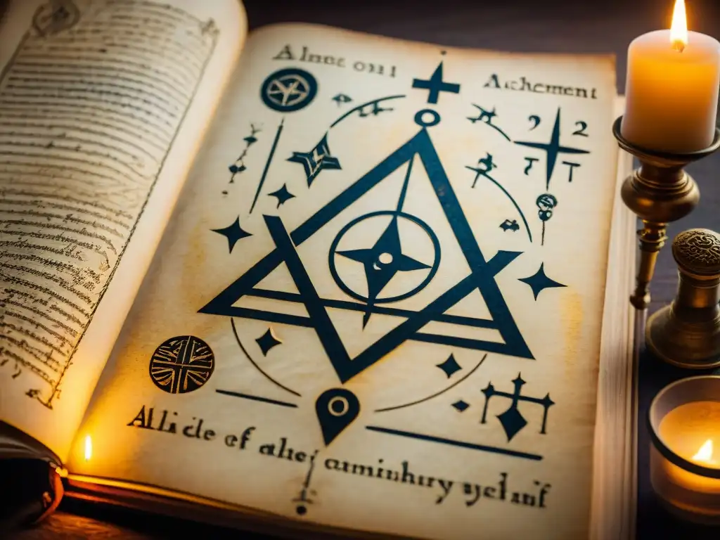 Manuscrito Rosacruz: Sabiduría esotérica en la penumbra Un antiguo manuscrito rosacruz iluminado por luz de velas, con símbolos y diagramas alquímicos