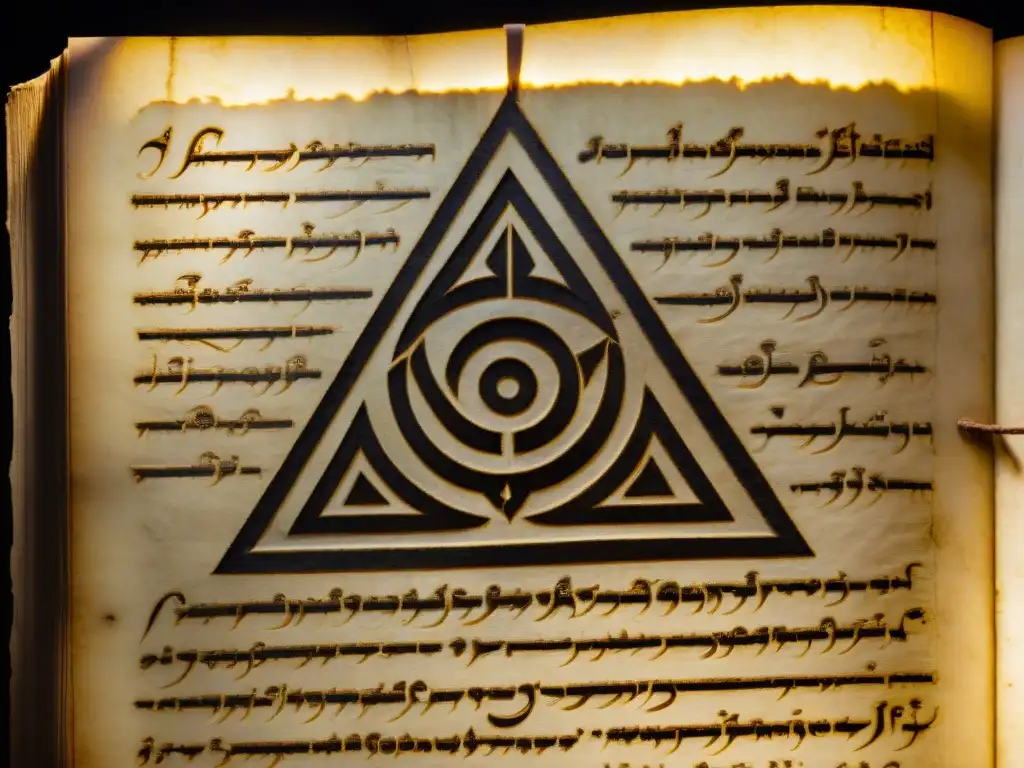 Un antiguo manuscrito iluminado por un rayo de luz, con símbolos enigmáticos y marcado por la influencia de los Illuminati en la cultura