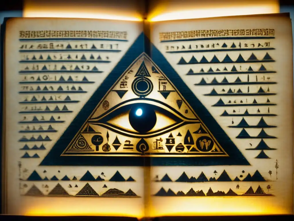 Antiguo manuscrito iluminado con símbolos misteriosos, revelando la influencia de los Illuminati en sociedad