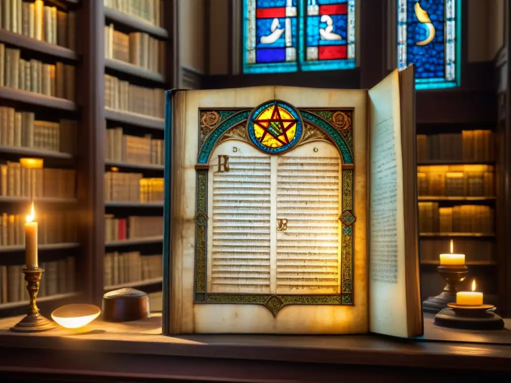 Antiguo manuscrito iluminado, con símbolos angelicales y texto hebreo, en biblioteca misteriosa