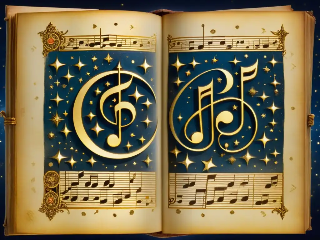 Un antiguo manuscrito iluminado con símbolos esotéricos y teoría musical, donde una orquesta celestial toca bajo un cielo estrellado