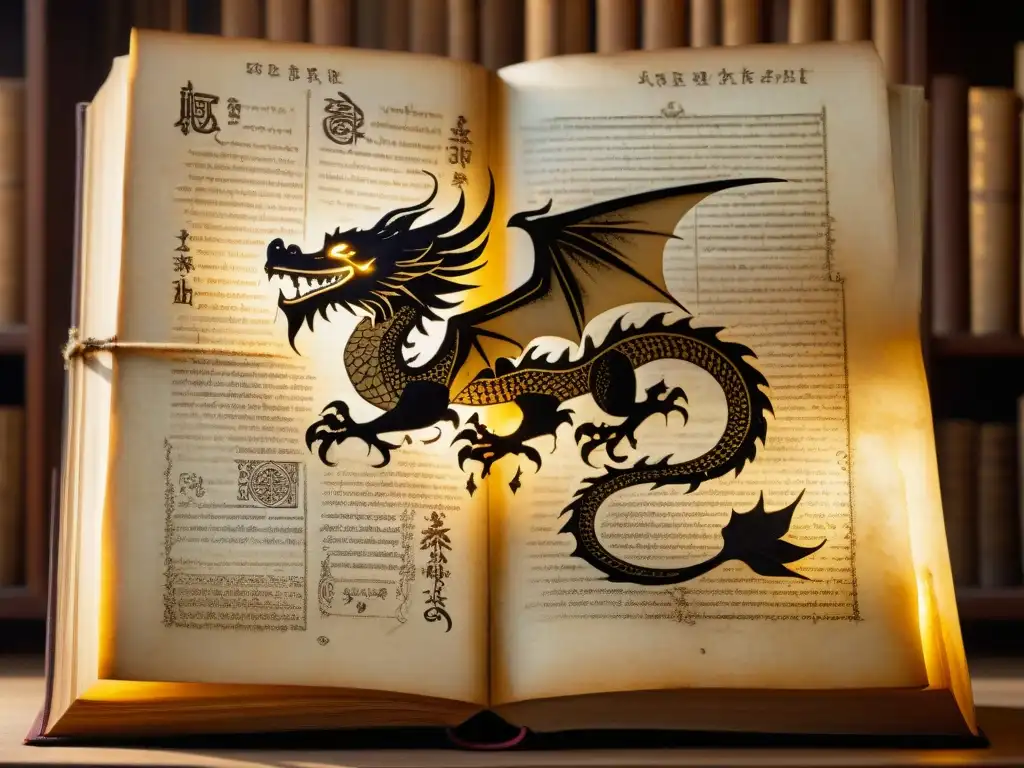 Un antiguo manuscrito iluminado por una tenue luz, con ilustraciones de dragones y símbolos misteriosos