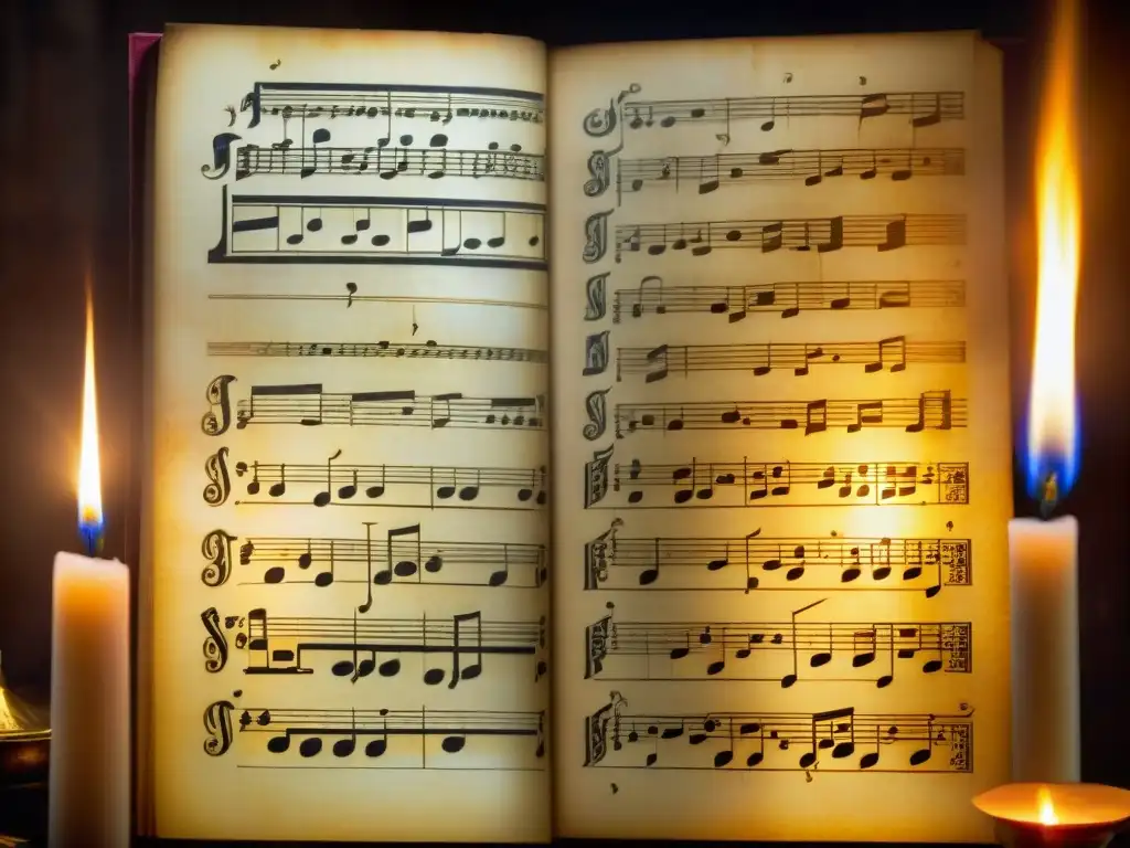 Un antiguo manuscrito iluminado por una vela, detalla intrigantes notas musicales