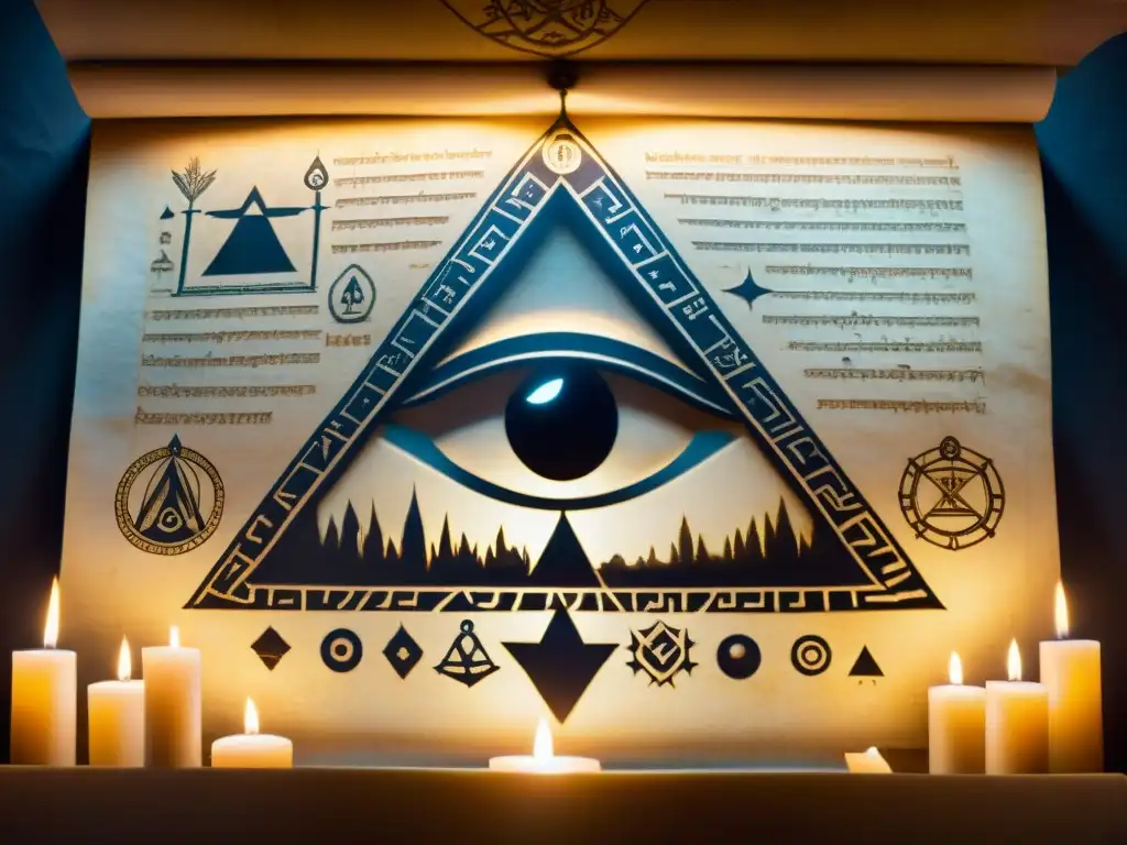 Manuscrito ancestral: símbolos misteriosos y sociedades secretas Antiguo manuscrito iluminado por velas en cámara masónica: el Ojo de la Providencia y figuras misteriosas