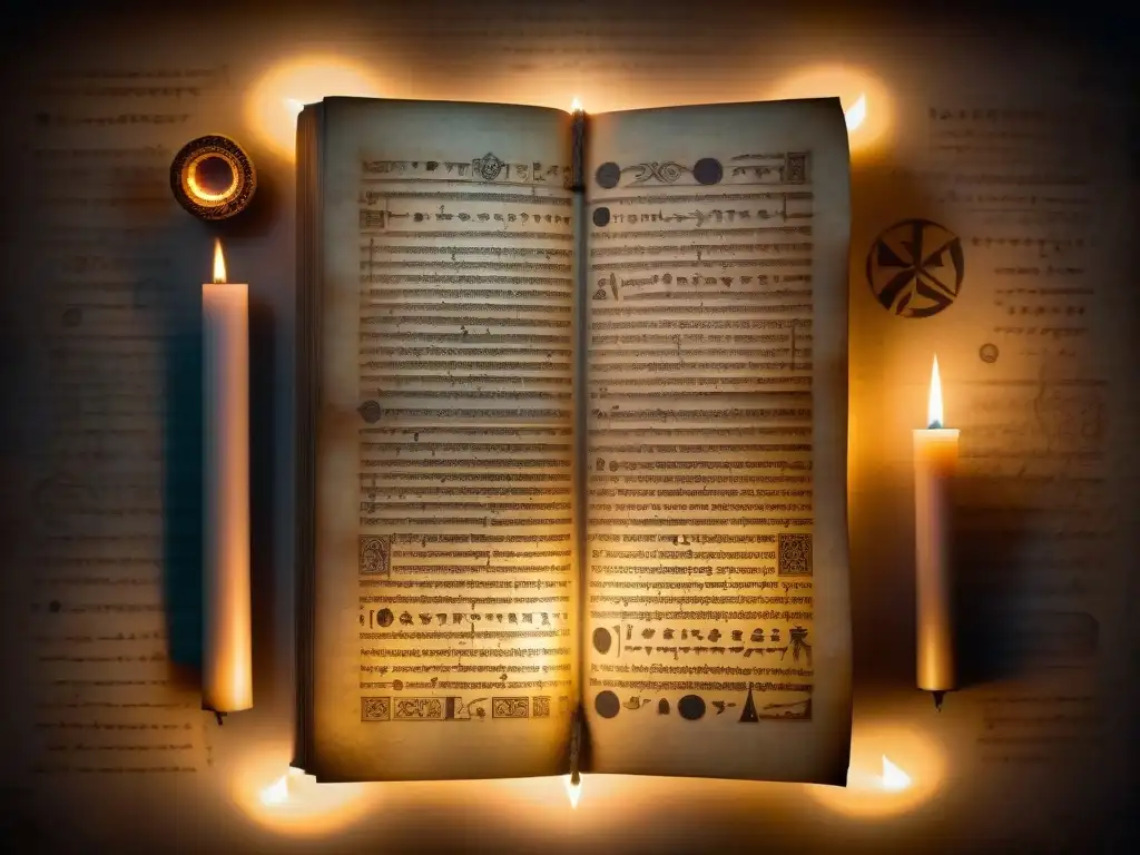 Antiguo manuscrito iluminado por velas, con símbolos místicos y mensajes ocultos Illuminati literatura arte