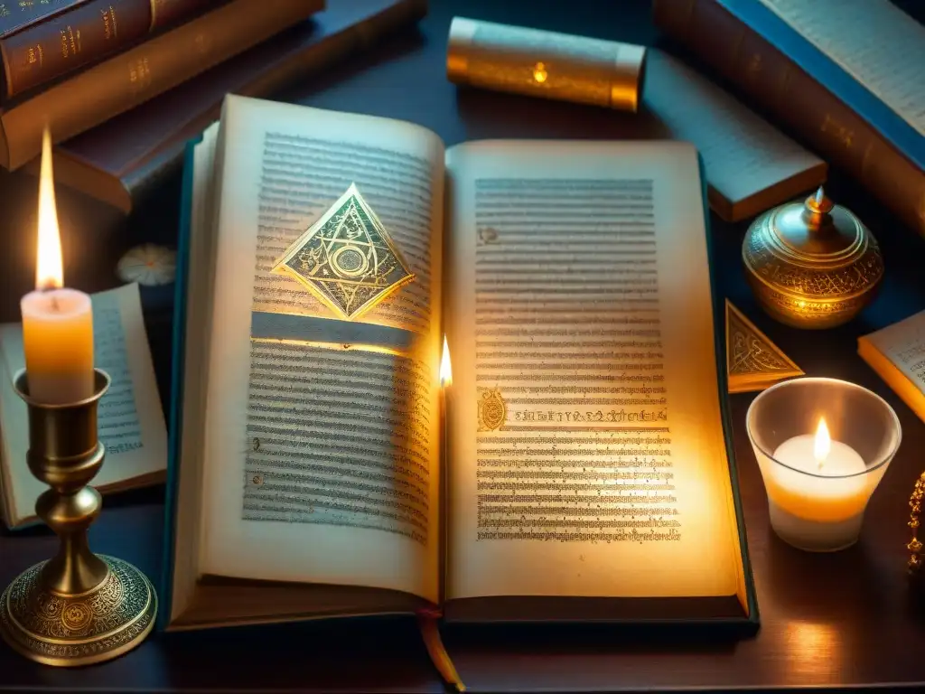 Antiguo manuscrito iluminado por velas, con símbolos místicos y diagramas, en una habitación llena de libros antiguos y artefactos