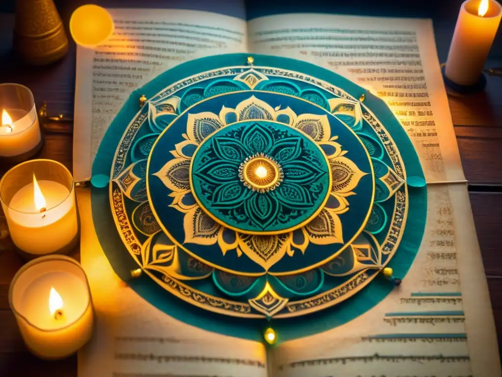 Antiguo manuscrito iluminado por velas en una habitación misteriosa, con mandalas y símbolos antiguos