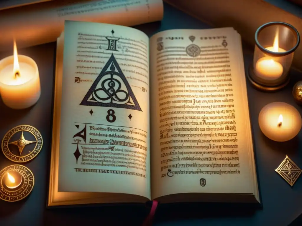 Antiguo manuscrito rosacruz iluminado por velas, con símbolos y diagramas místicos y letras latinas