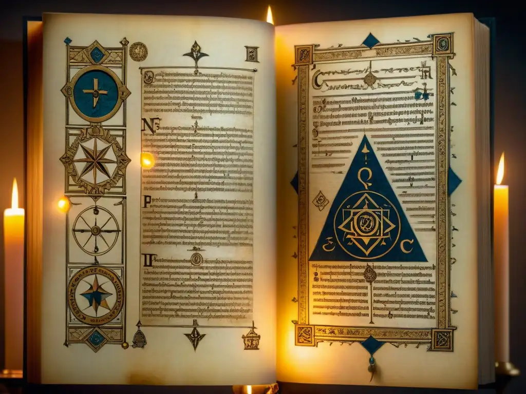 Antiguo manuscrito rosacruz iluminado por velas, con símbolos y diagramas esotéricos