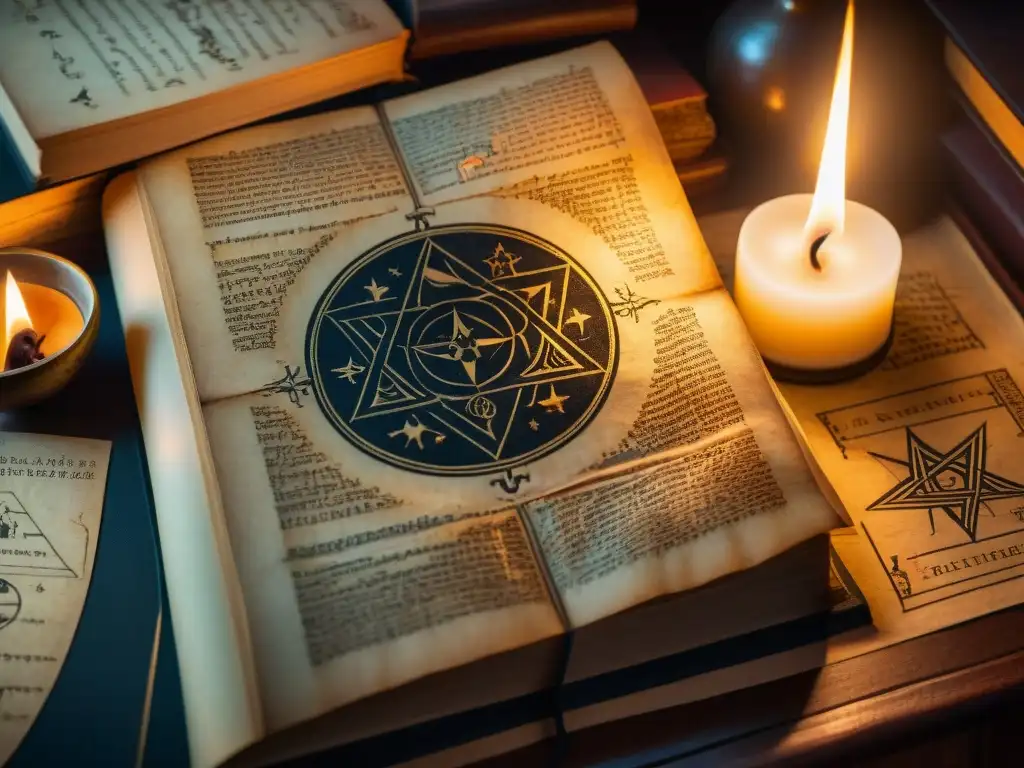 Antiguo manuscrito iluminado por velas, con símbolos y diagramas alquímicos