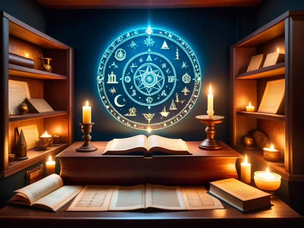 Un antiguo manuscrito iluminado por velas, con símbolos astrológicos, mapas antiguos y un telescopio en una habitación llena de libros esotéricos