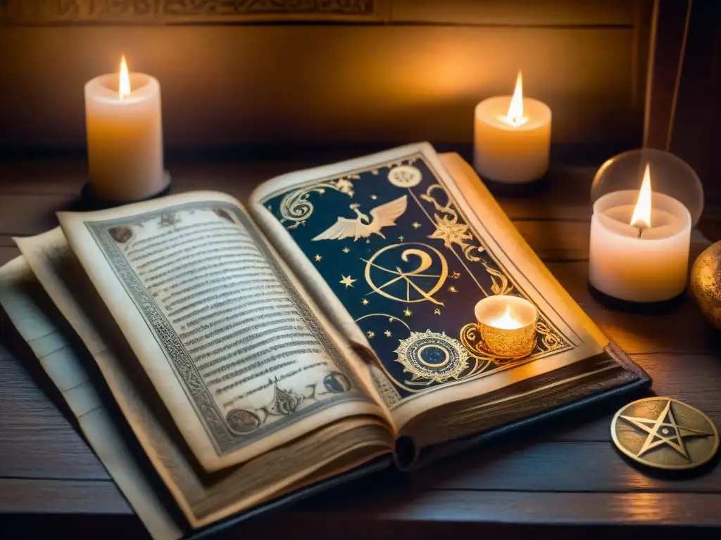 Antiguo manuscrito iluminado por velas, con símbolos astrológicos e ilustraciones de tarot