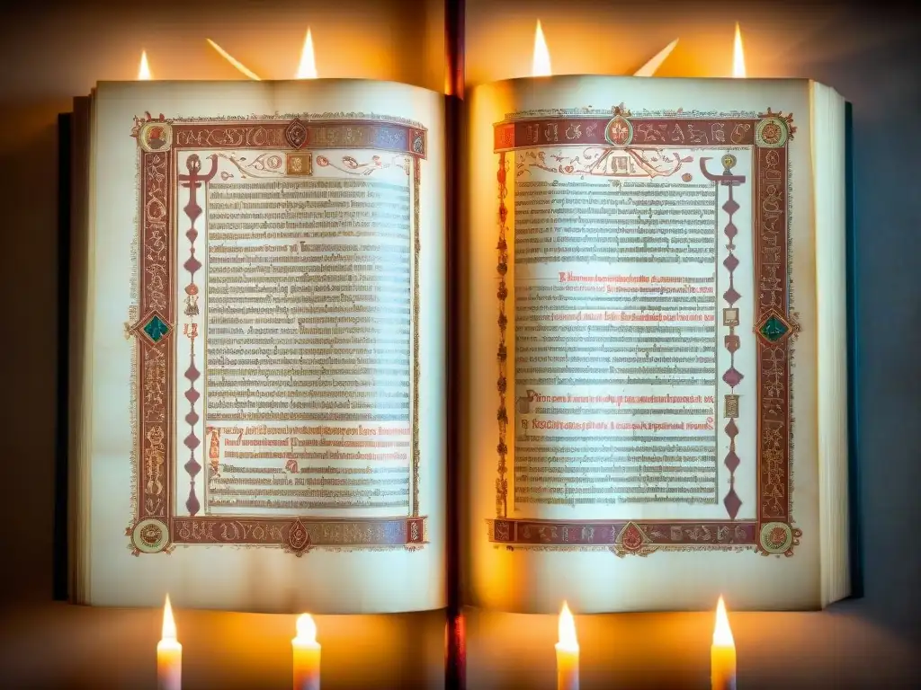 Antiguo manuscrito iluminado por velas, mostrando la genealogía de los Merovingios y símbolos religiosos