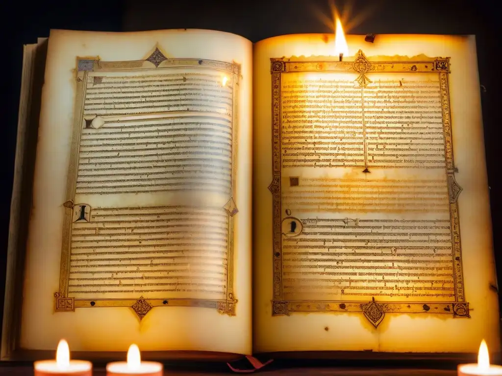 Antiguo manuscrito iluminado por velas con símbolos misteriosos y un aura de secretismo