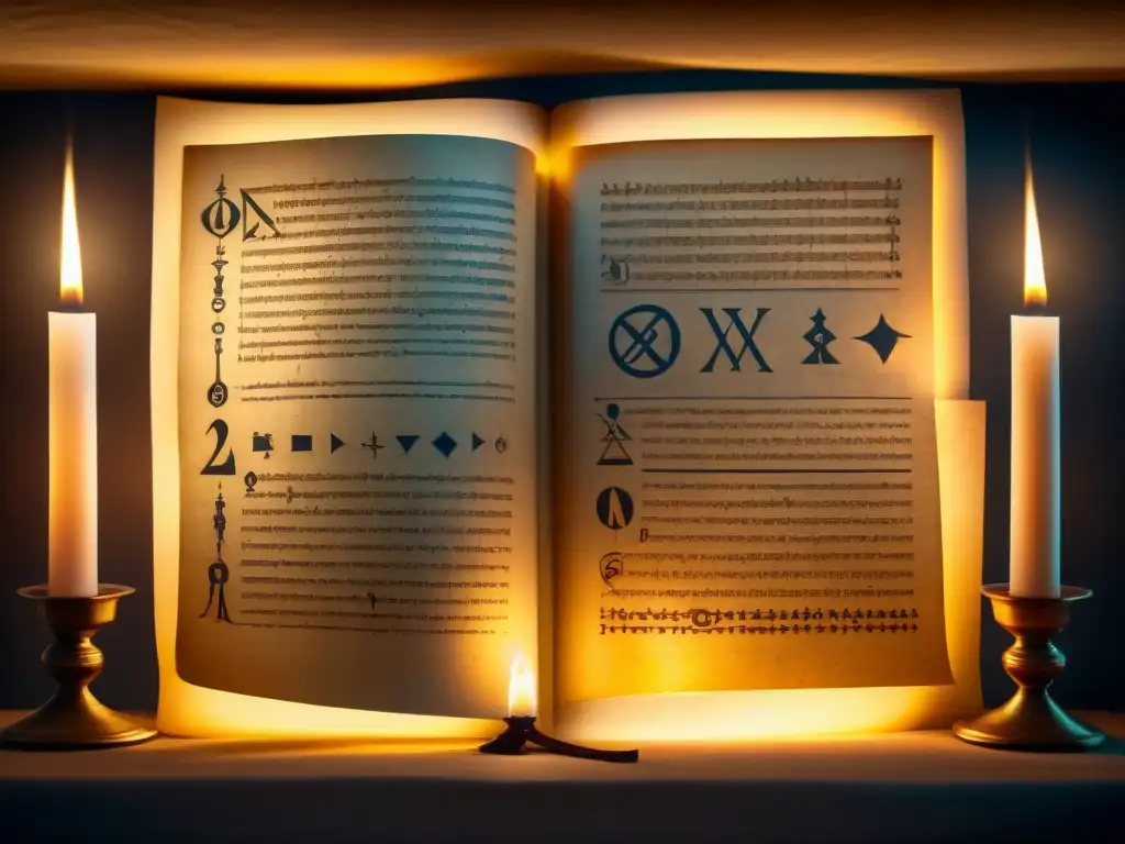 Un antiguo manuscrito iluminado por velas en una habitación tenue