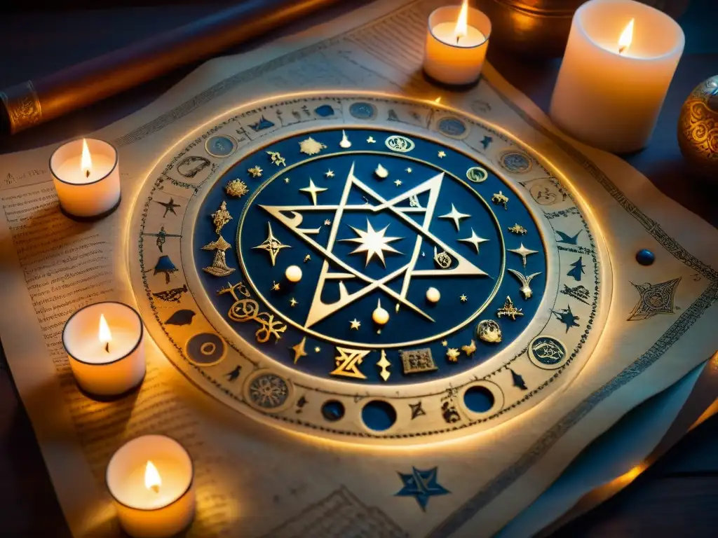 Antiguo manuscrito iluminado por velas, con signos zodiacales y símbolos esotéricos