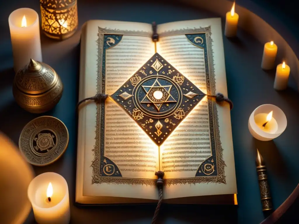 Un antiguo manuscrito iluminado por velas, con símbolos esotéricos y seres celestiales, evocando sociedades secretas en la historia