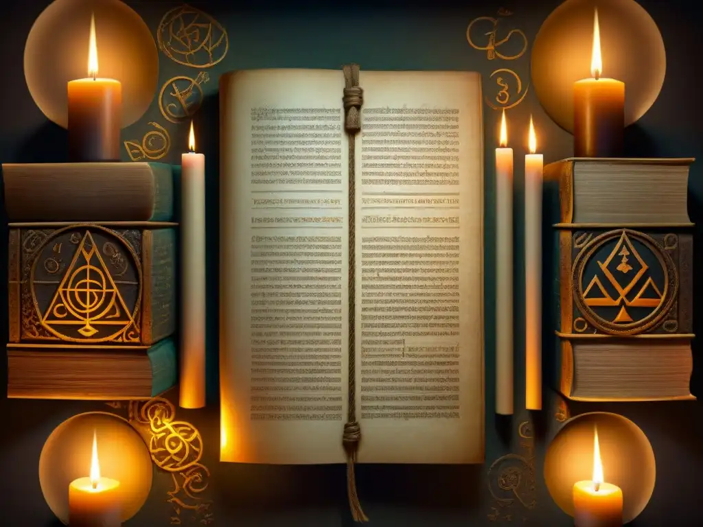 Antiguo manuscrito iluminado por velas en cámara repleta de libros y pergaminos, mostrando diagrama de números y símbolos esotéricos