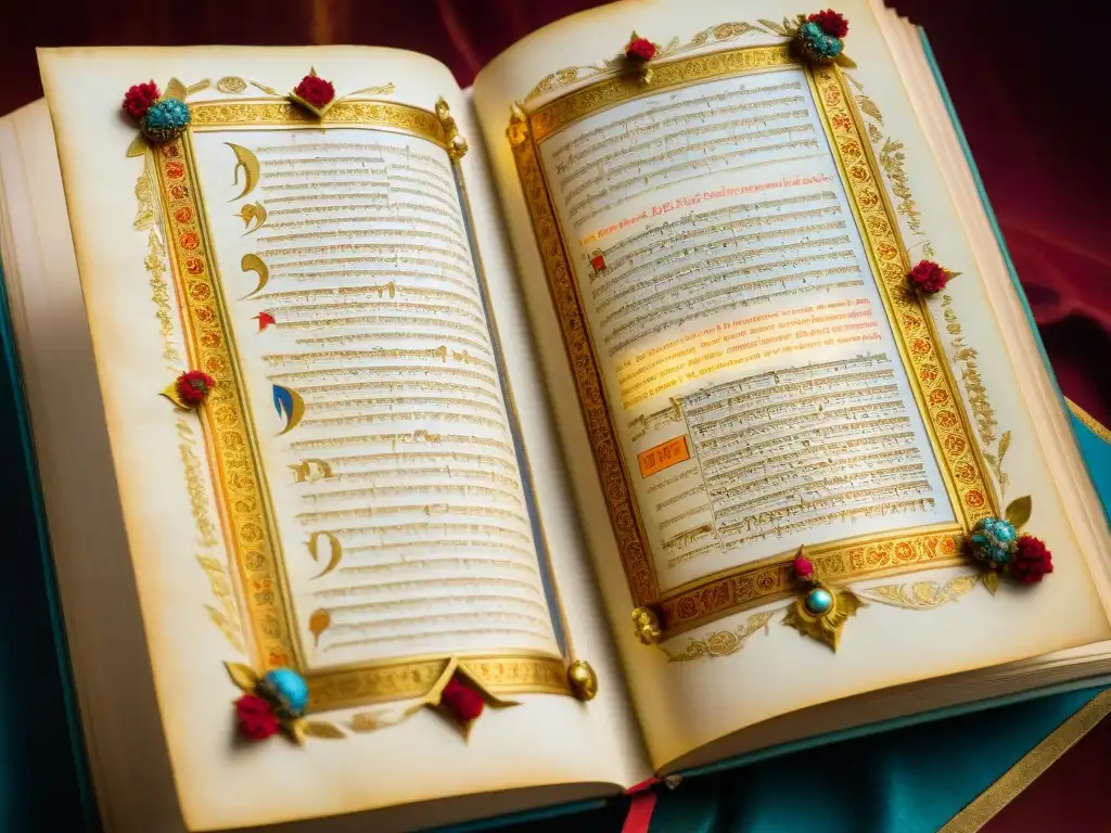 Antiguo manuscrito iluminado con versos del Bhagavad Gita, revelando sabiduría espiritual y mística