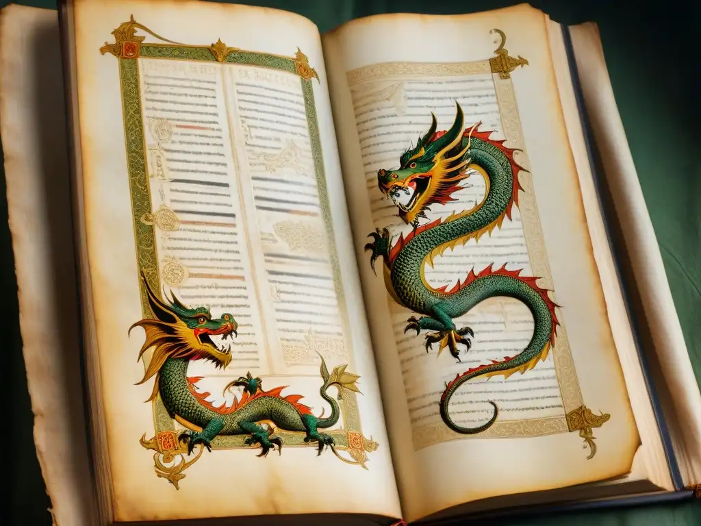 Antiguo manuscrito ilustrado con dragones y caballeros, iluminado por luz suave