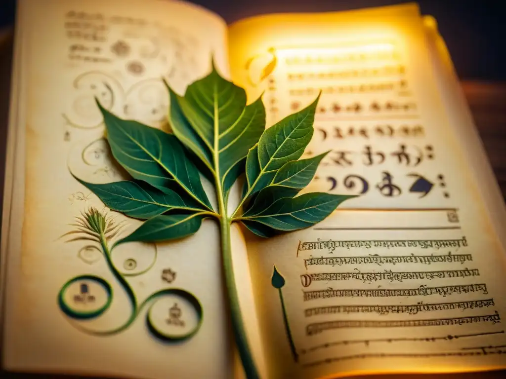 Antiguo manuscrito ilustrado de plantas místicas y símbolos en luz de velas, evocando sociedades secretas historia misterios