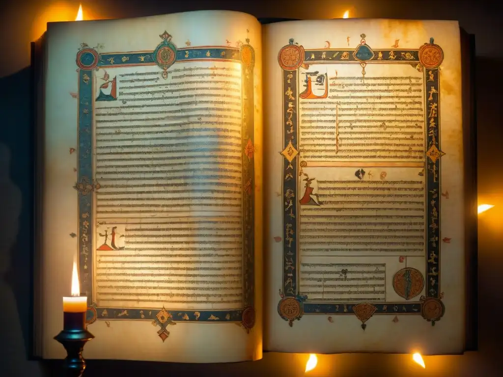 Antiguo manuscrito ilustrado con rituales secretos de la historia de la Orden Asesinos, iluminado por velas en cámara misteriosa