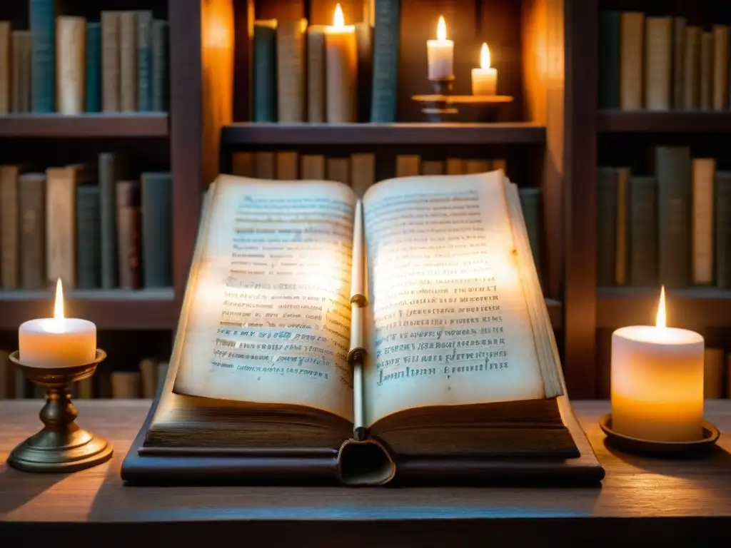 Un antiguo manuscrito en un lectern de madera iluminado por velas, lleno de magia palabra fuerza prácticas rosacruces