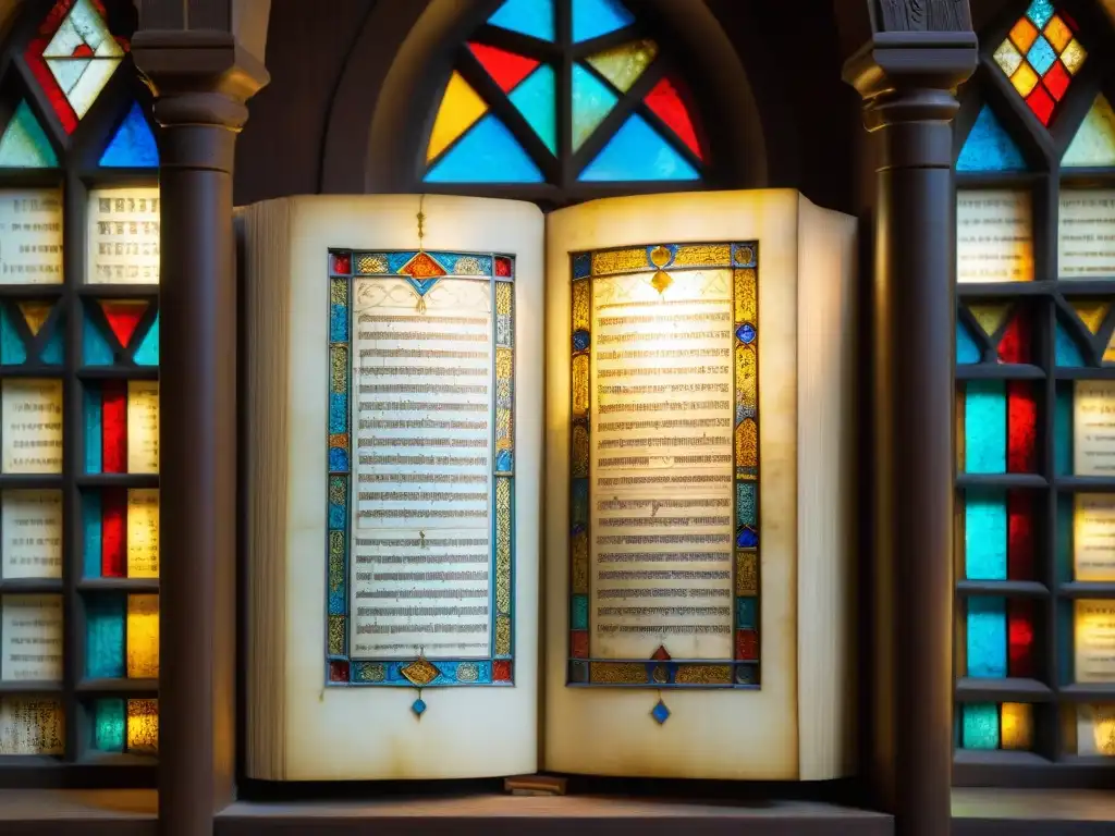 Un antiguo manuscrito lleno de símbolos y texto hebreo, iluminado por una luz etérea en una biblioteca misteriosa