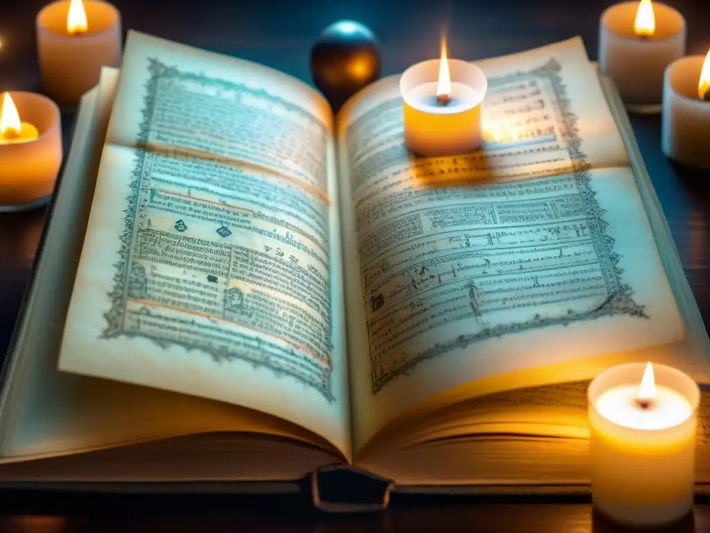 Un antiguo manuscrito lleno de símbolos alquímicos iluminado por la tenue luz de las velas en una biblioteca sombría