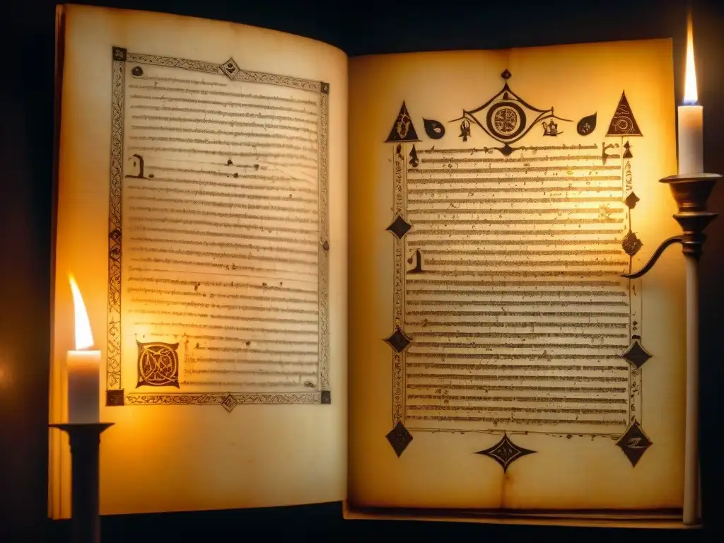 Un antiguo manuscrito lleno de símbolos cripticos en una cámara iluminada por velas, evocando sociedades secretas en la historia