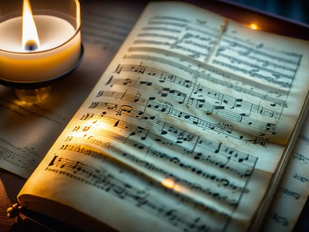 Un antiguo manuscrito musical con influencias ocultas de compositores clásicos en una habitación tenue iluminada por una vela