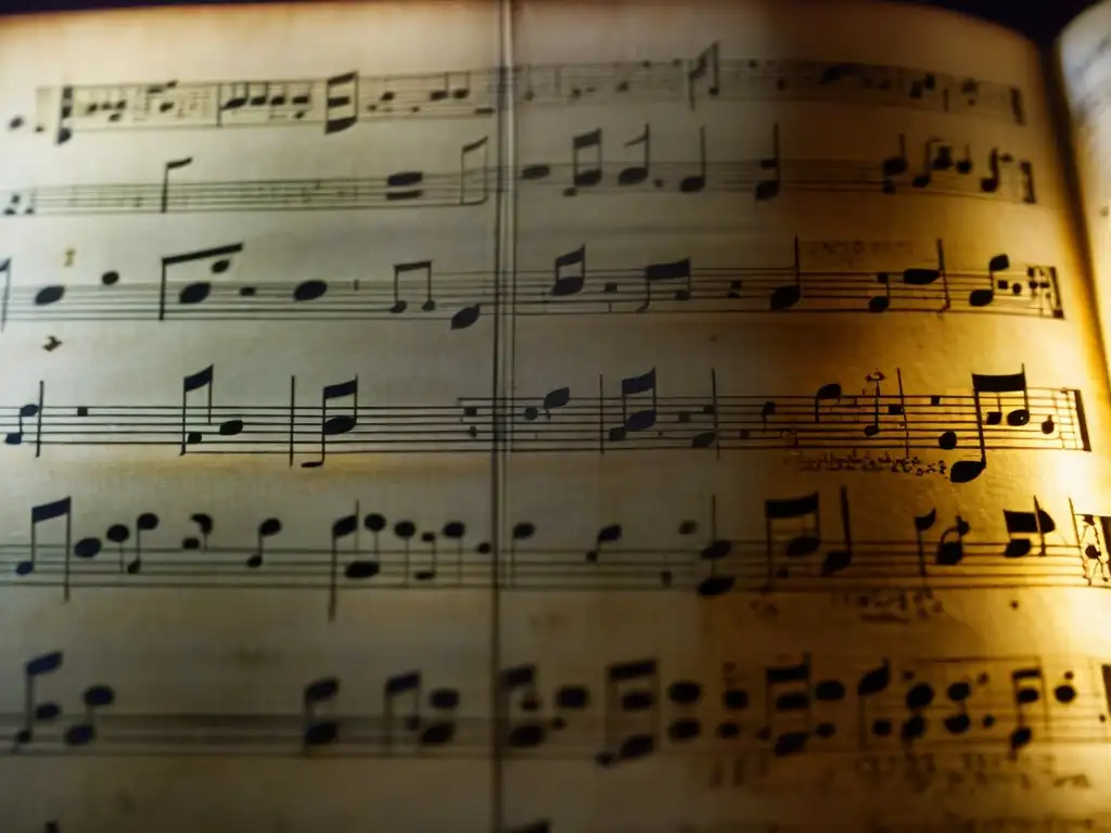 Un antiguo manuscrito musical con notas y símbolos en una habitación tenue