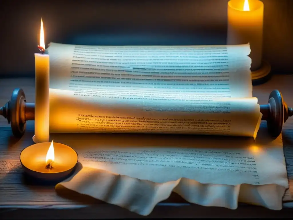 Antiguo manuscrito en piedra iluminado por velas, con inscripciones en hebreo y arameo