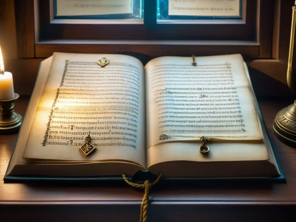 Manuscrito rosacruz: Sabiduría ancestral en imágenes misteriosas Antiguo manuscrito rosacruz con profecías impacto mundo moderno, iluminado por luz en biblioteca misteriosa