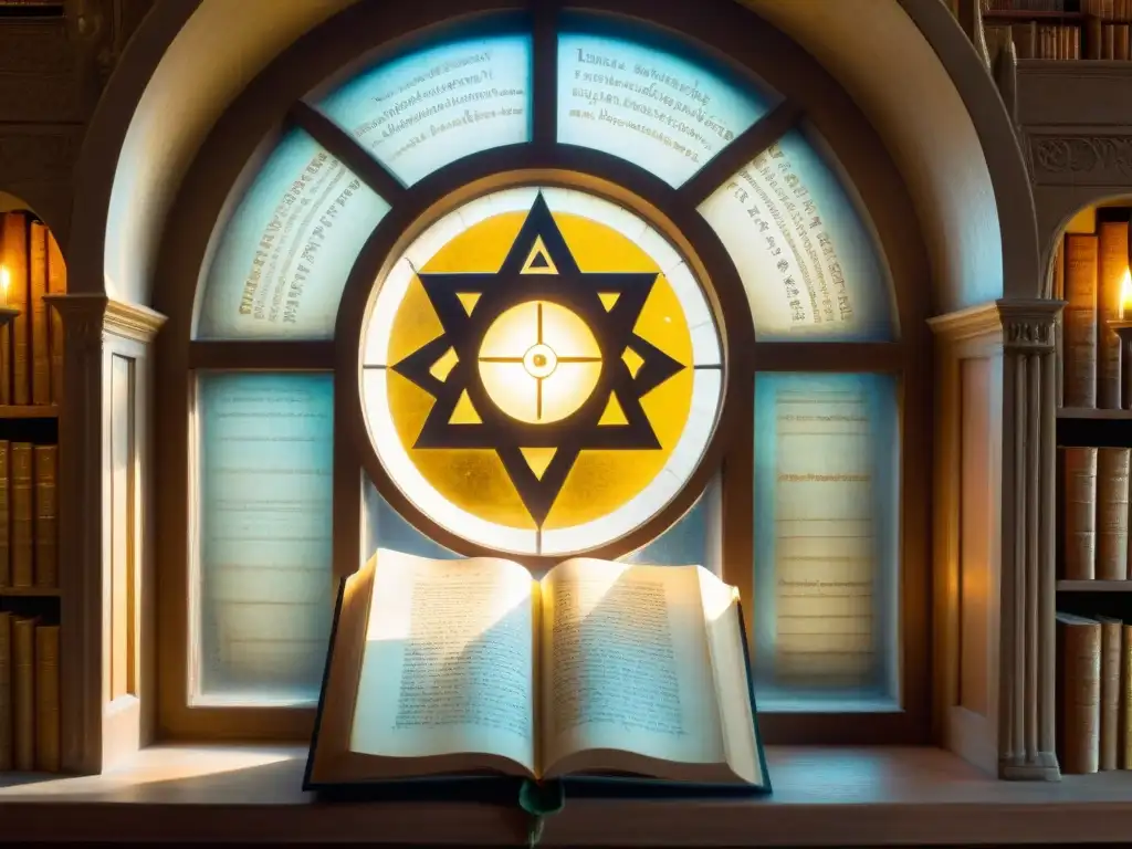 Manuscrito rosacruz: misterios y profecías iluminados Antiguo manuscrito rosacruz con profecías impacto mundo moderno, iluminado por luz dorada en biblioteca antigua