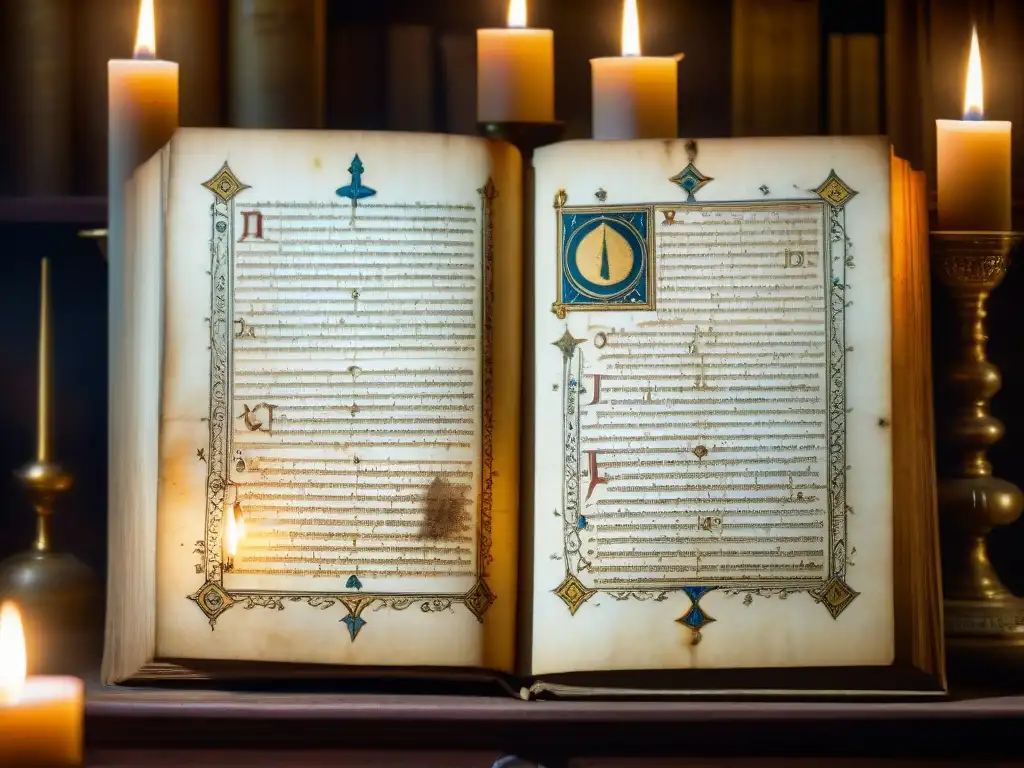 Un antiguo manuscrito con símbolos alquímicos en una biblioteca iluminada por una vela, exuda misterio y antigüedad