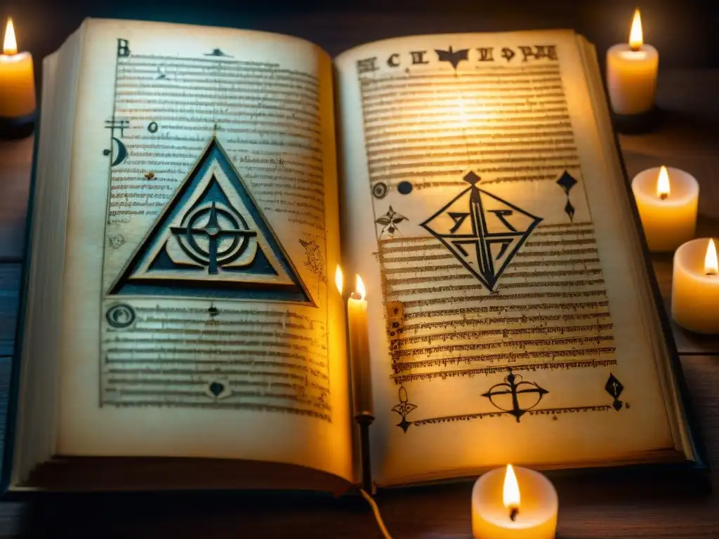 Un antiguo manuscrito con símbolos alquímicos y dibujos misteriosos, iluminado por la luz de las velas en una habitación tenue