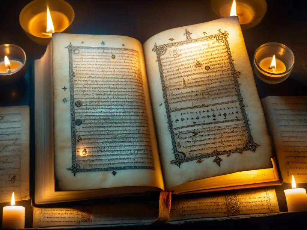 Un antiguo manuscrito con símbolos alquímicos y letras latinas iluminado por una vela en una habitación misteriosa